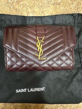 Saint Laurent Quilted Chevron & Diamond Wallet in Burgundy with Gold YSL
